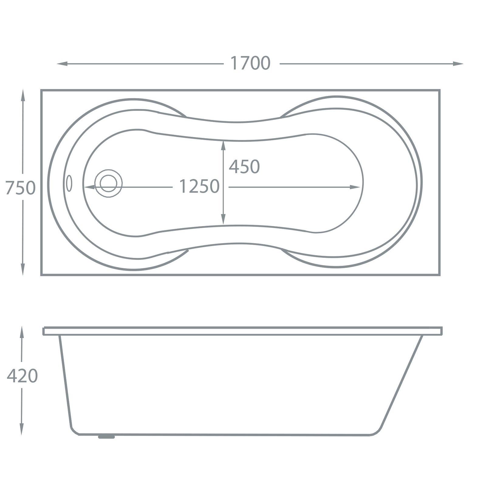 Alabama 1700 x 750mm Single Ended Whirlpool Bath - Option 2