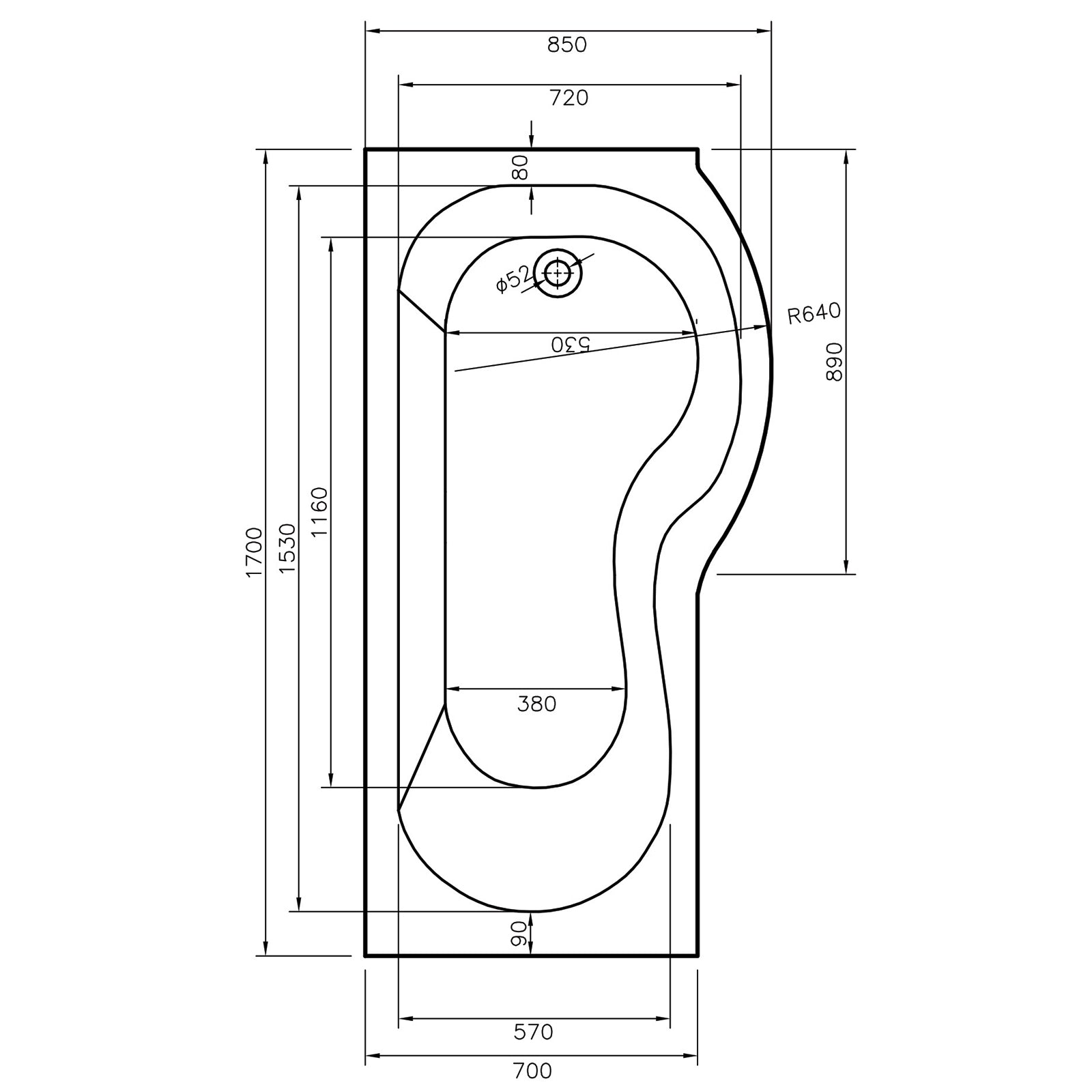 California 1700 x 700mm Shower Bath - RH