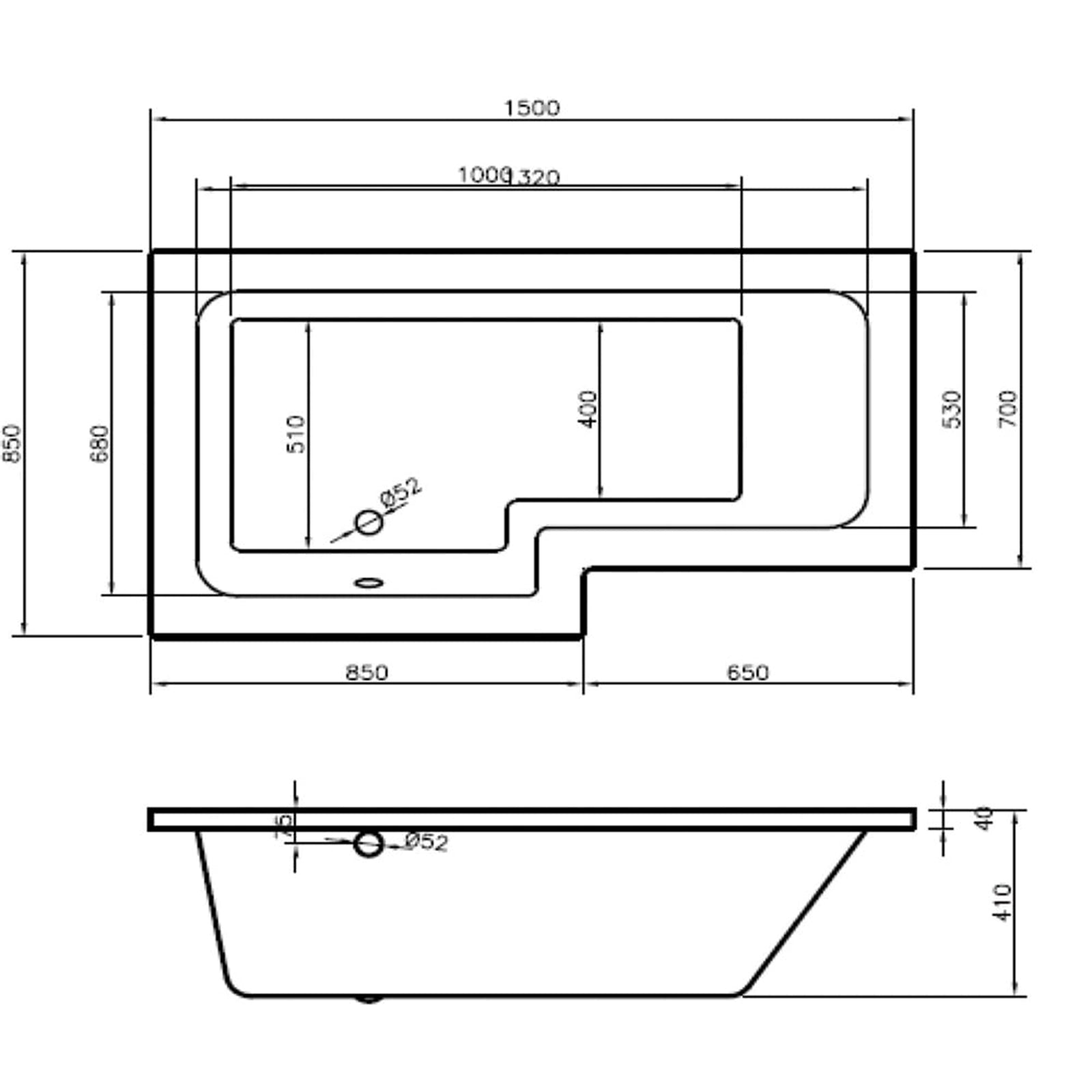 Vermont 1500 x 700mm Shower Bath - LH