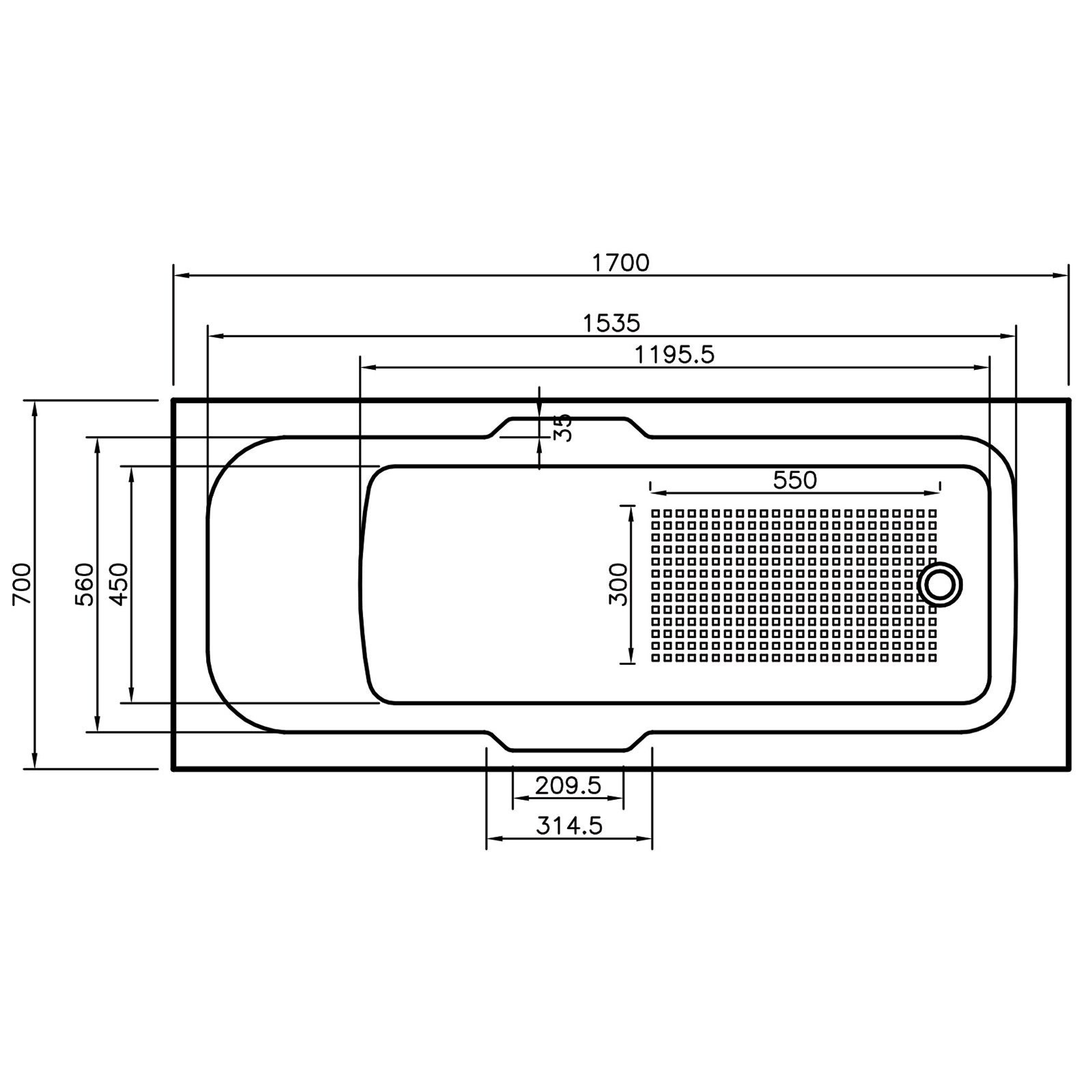 Virginia Twin Gripped 1700 x 700mm Single Ended Bath - Standard
