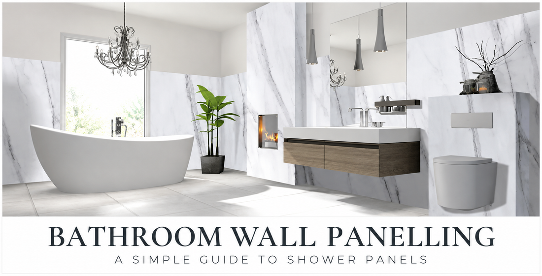 Bathroom shower wall panels in different finishes illustrating the Allbits wall panelling buying guide.