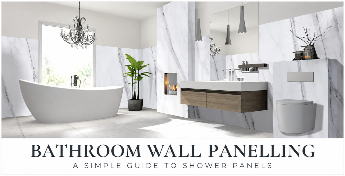 Bathroom shower wall panels in different finishes illustrating the Allbits wall panelling buying guide.