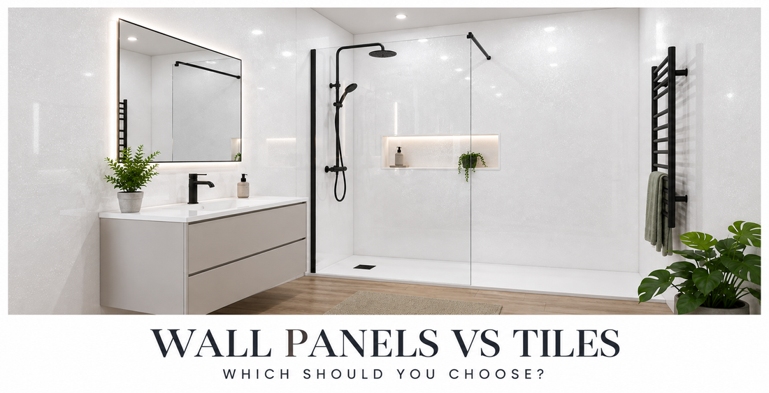 Bathroom wall panelling beside a tiled shower wall, illustrating the choice between panels and tiles.