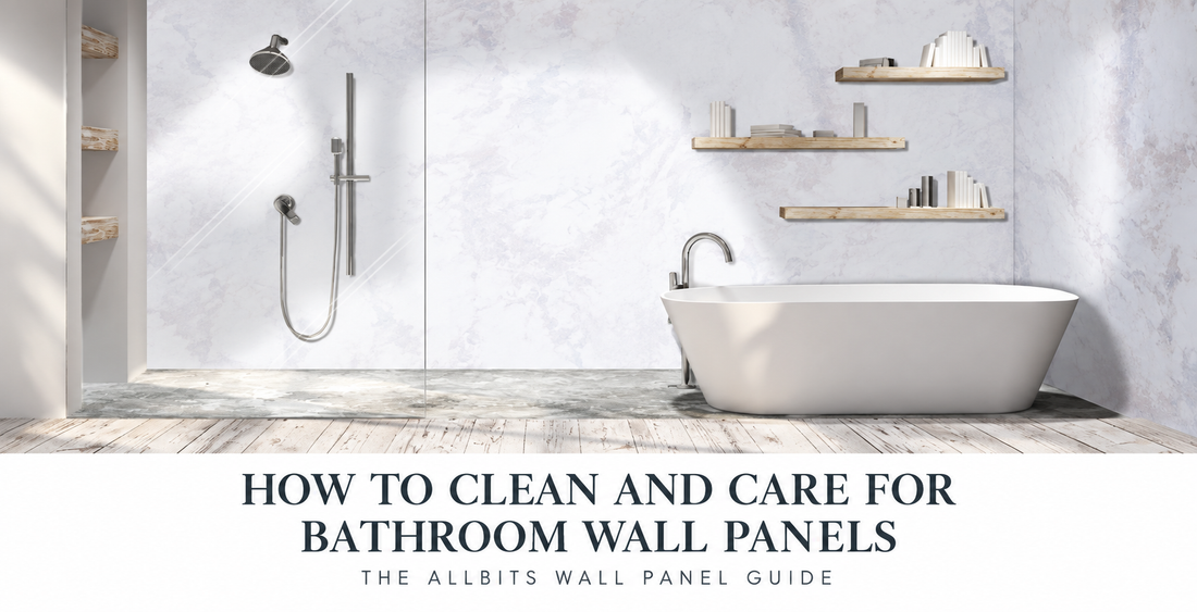 Bathroom wall panels being gently wiped with a soft cloth.