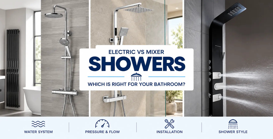 Electric vs mixer showers buying guide graphic featuring thermostatic shower sets and a shower column.