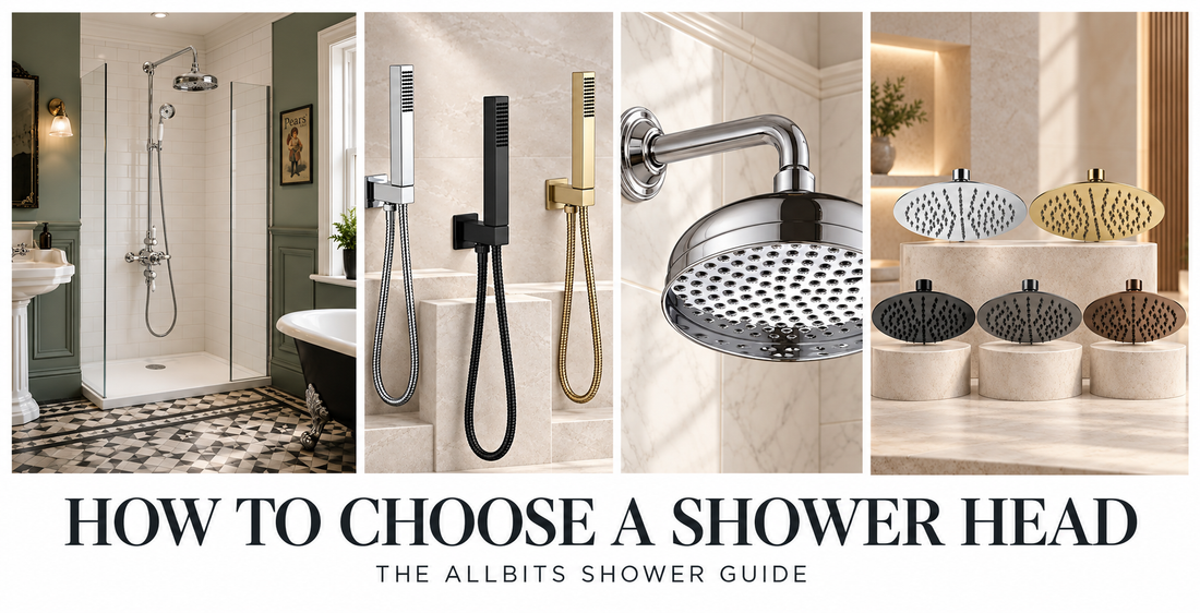 Collage of fixed rainfall shower heads and a handheld shower illustrating the Allbits guide to choosing a shower head.