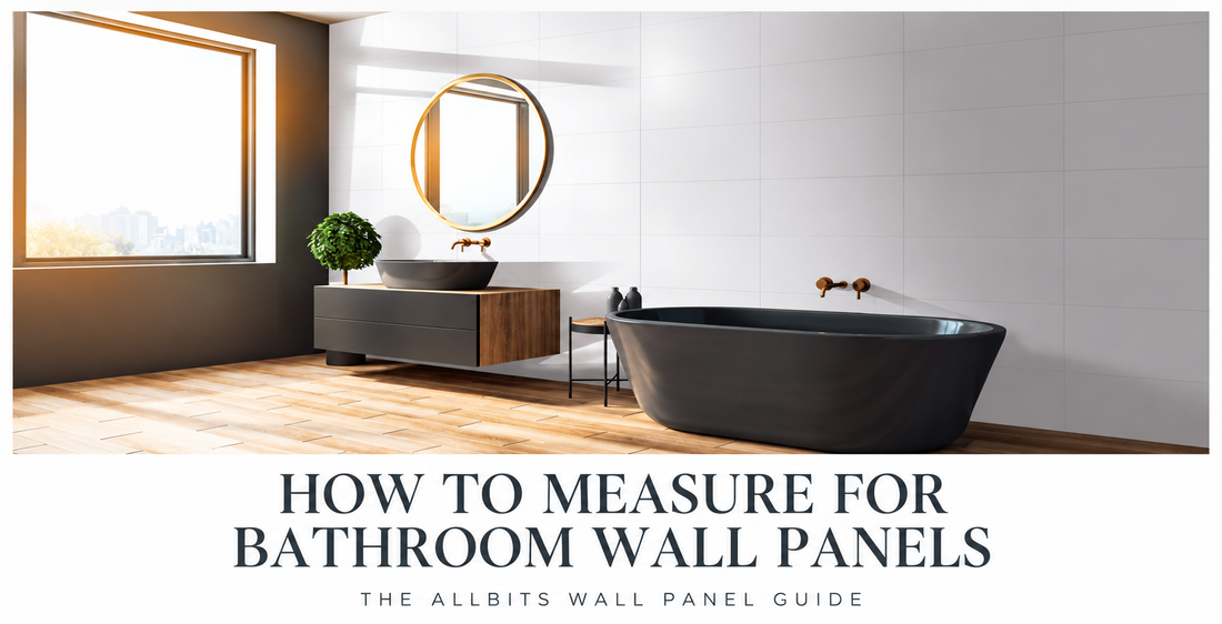Bathroom wall panelling being measured with a tape measure before installation.