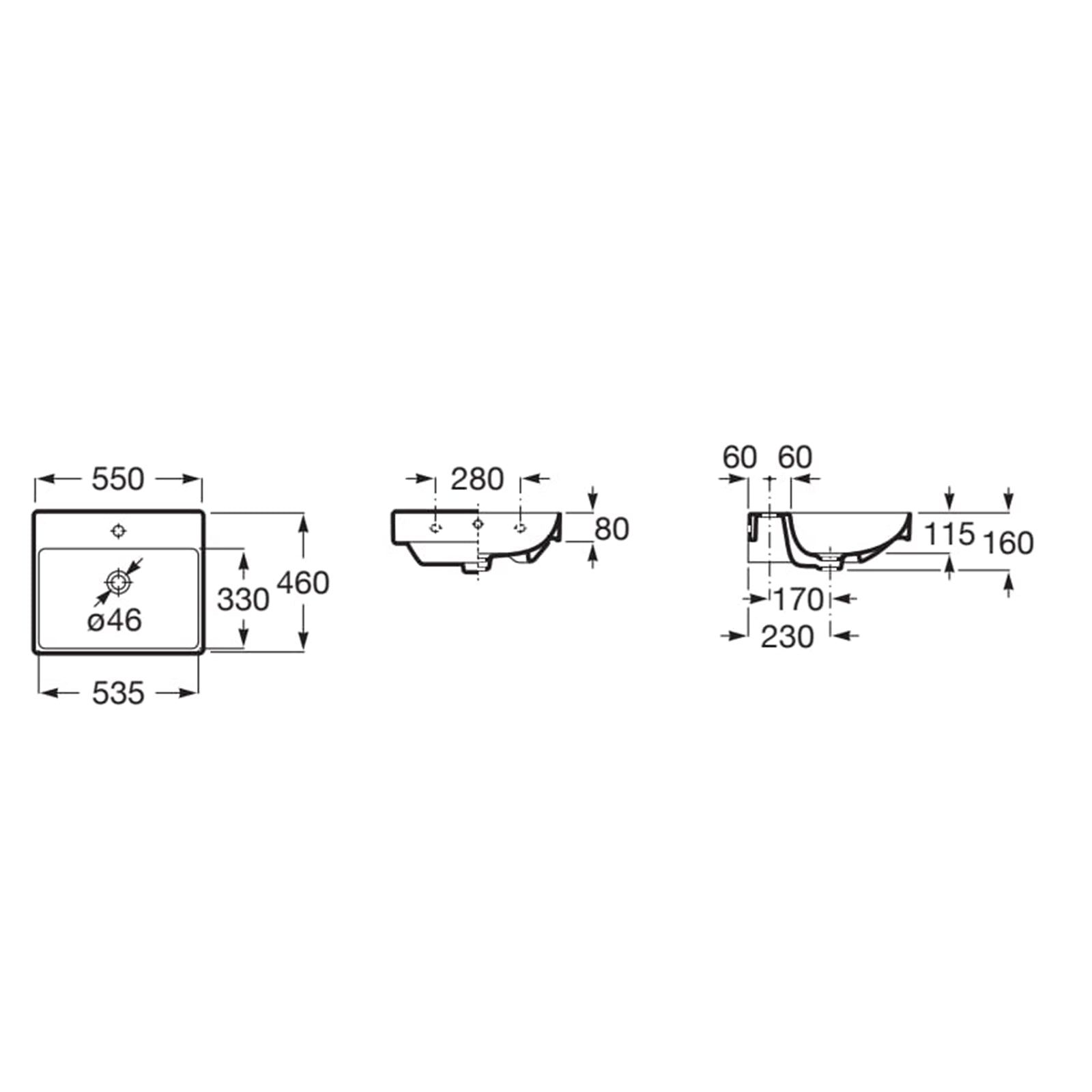 Roca Ona 550 x 460mm 1 Tap Hole Basin