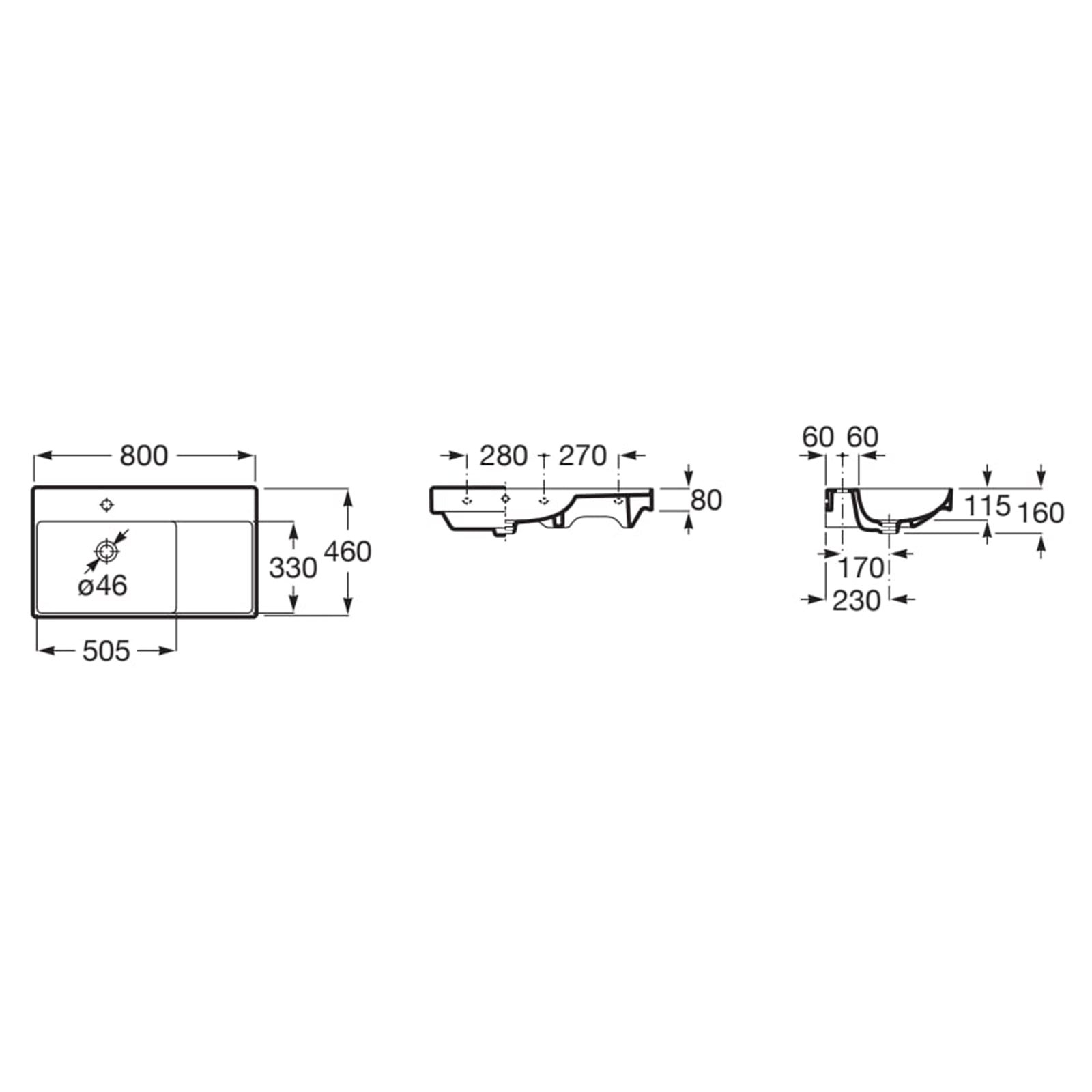 Roca Ona 800 x 460mm Left Hand 1 Tap Hole Basin