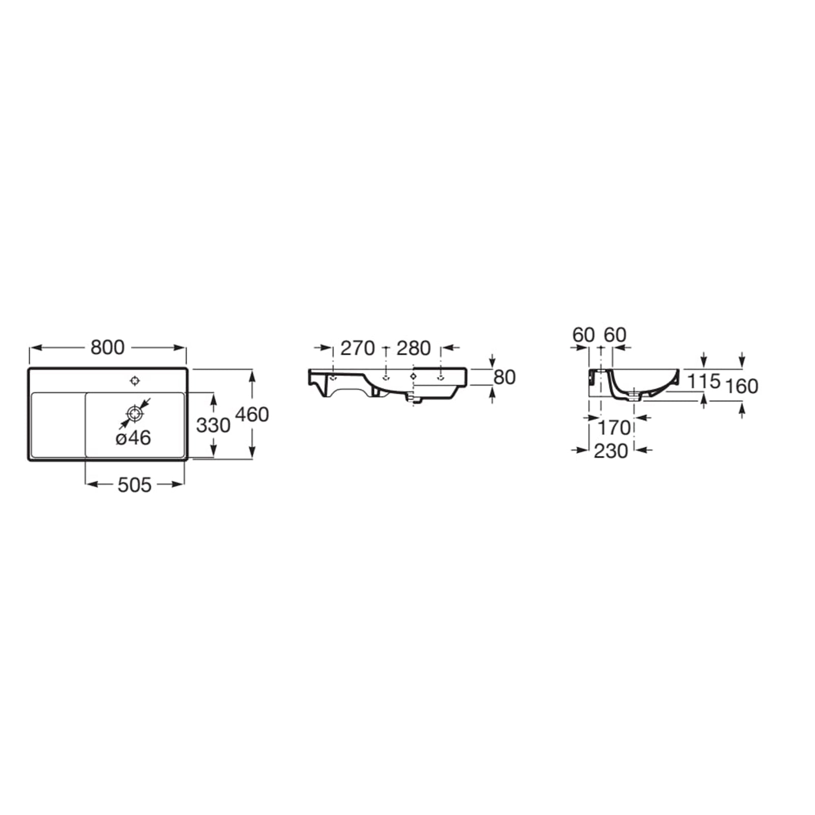 Roca Ona 800 x 460mm Right Hand 1 Tap Hole Basin