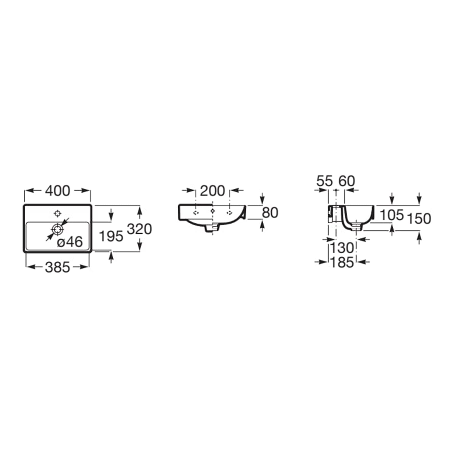 Roca Ona Compact 400 x 320mm 1 Tap Hole Basin