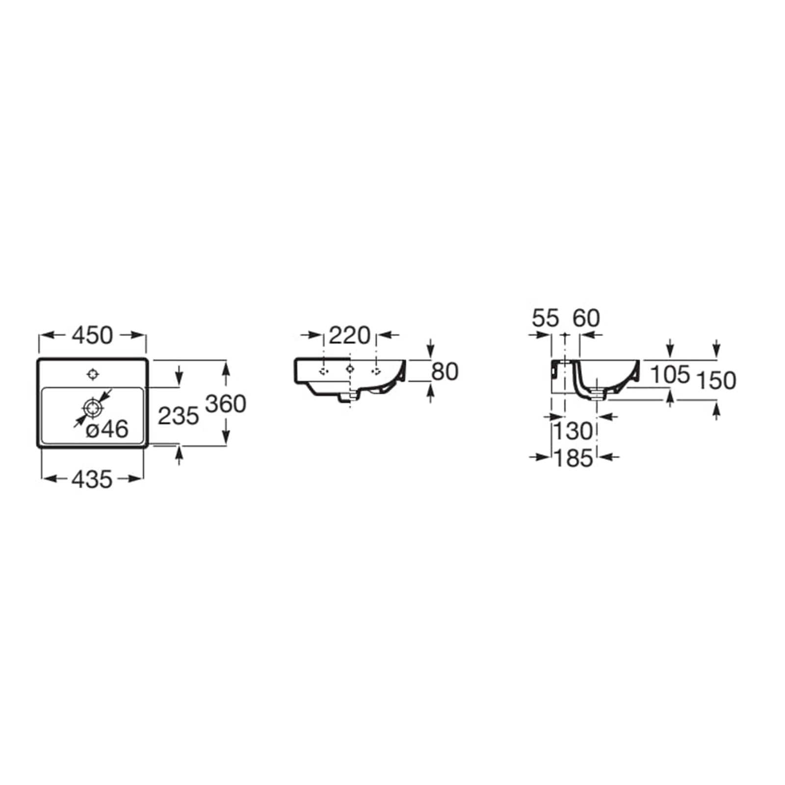 Roca Ona Compact 450 x 360mm 1 Tap Hole Basin