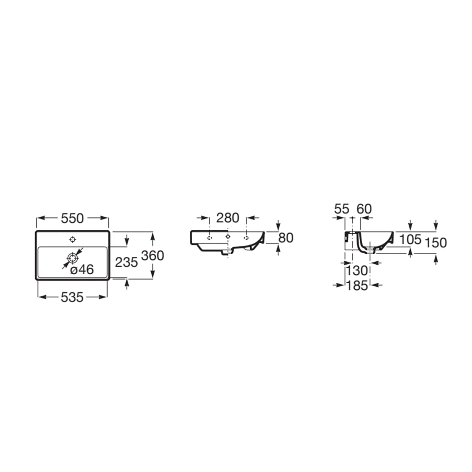Roca Ona Compact 550 x 360mm 1 Tap Hole Basin