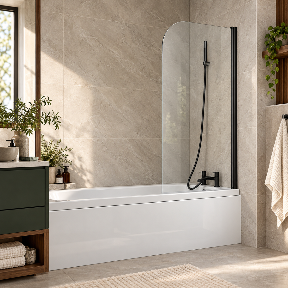 QX 6mm Black Frame Curved Bath Screen