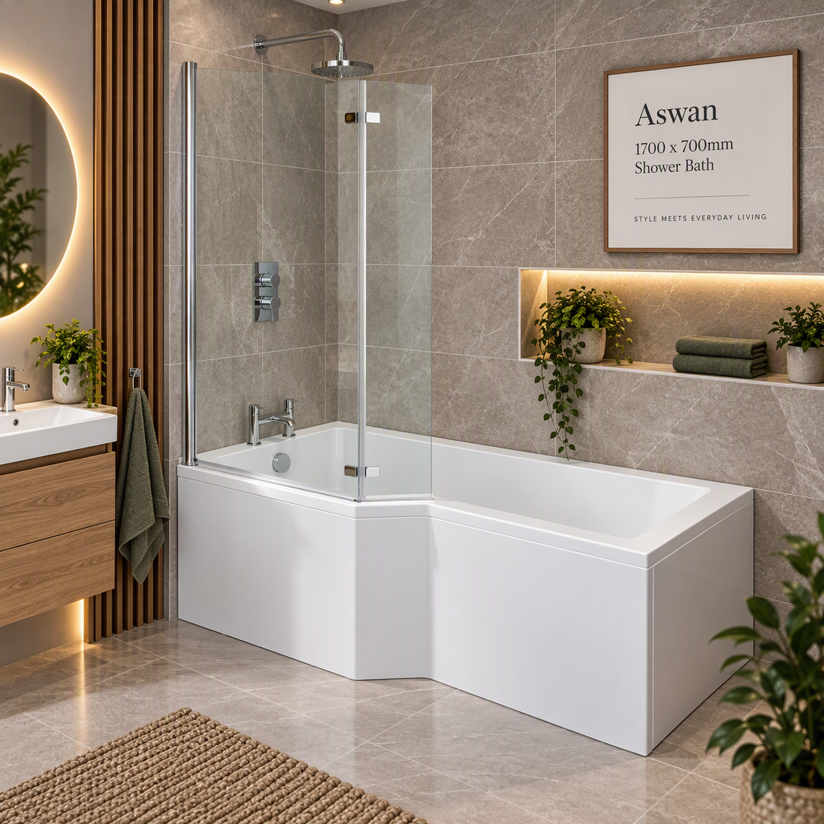 Aswan 1700 × 700mm Shower Bath with Screen & Panels – Left or Right Hand