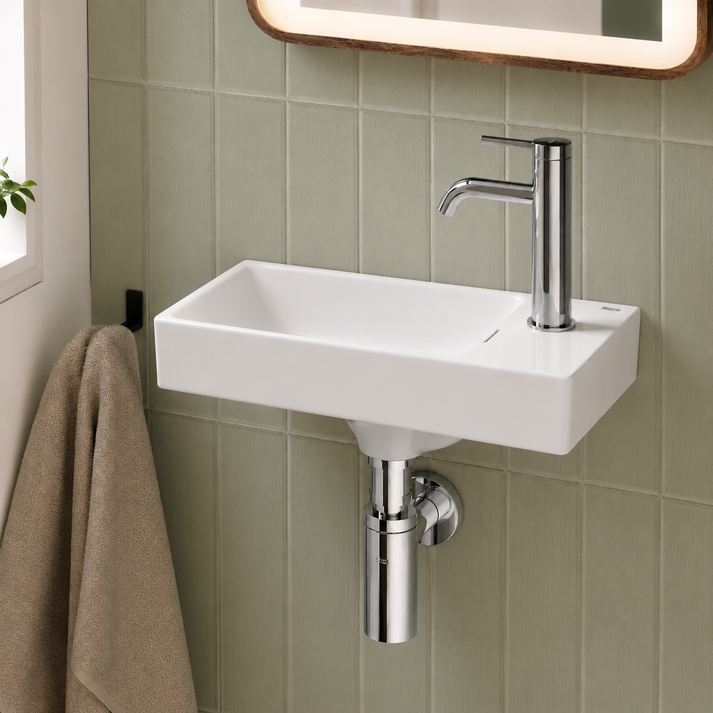 Roca Ona Compact Right Hand 450 x 260mm 1 Tap Hole Basin - Gloss White