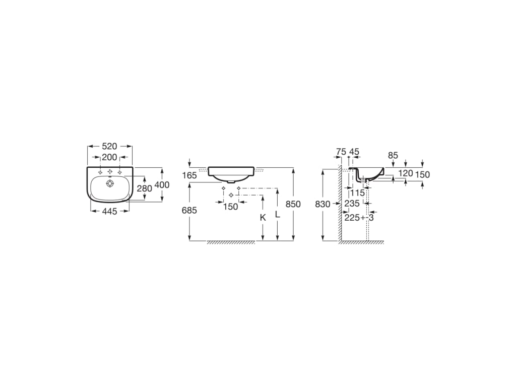 Roca Debba Semi-Recessed Basin - 520 x 400mm - 1 Tap Hole