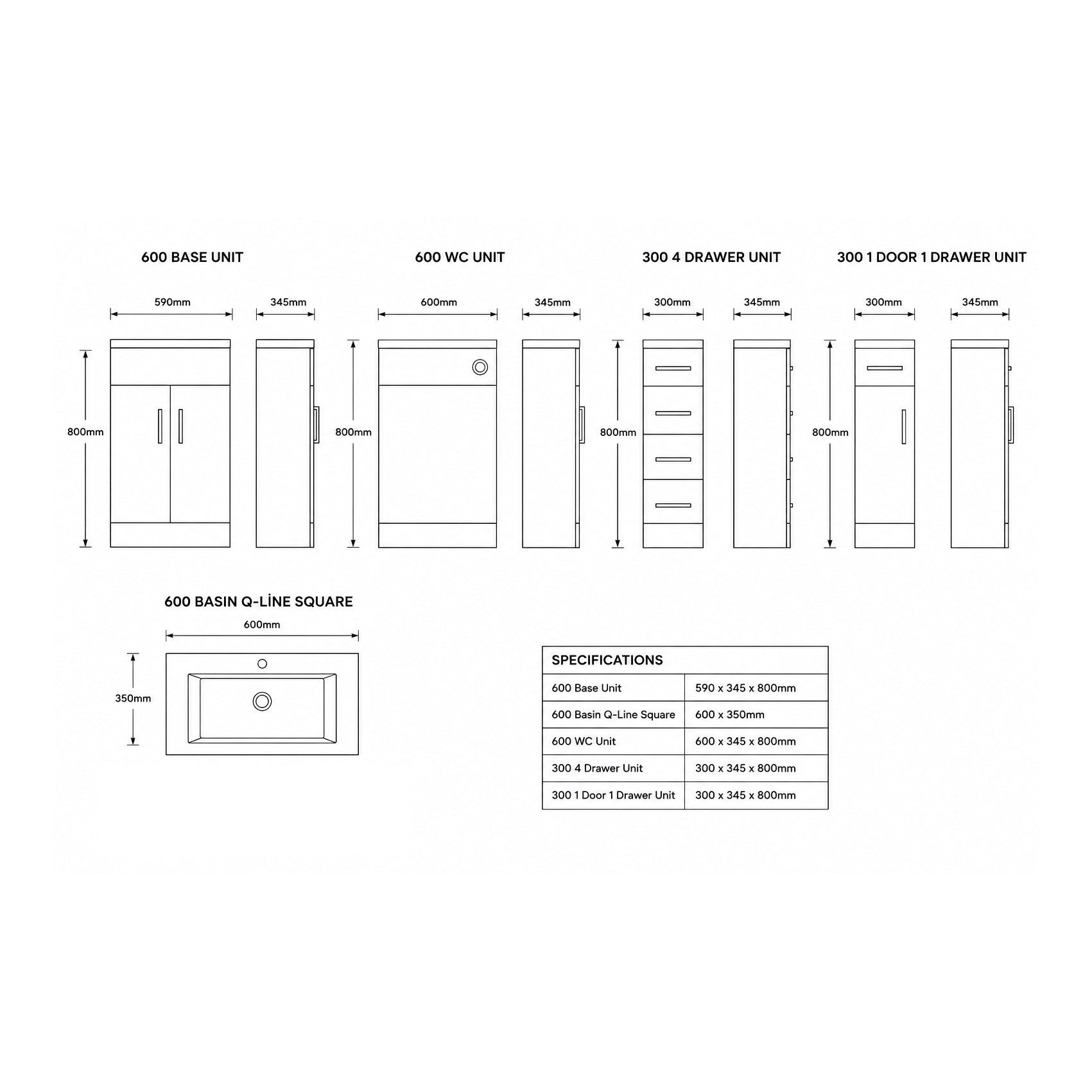 Eden 1800mm Base Unit, WC Unit, Single Base & 4-Drawer Combination