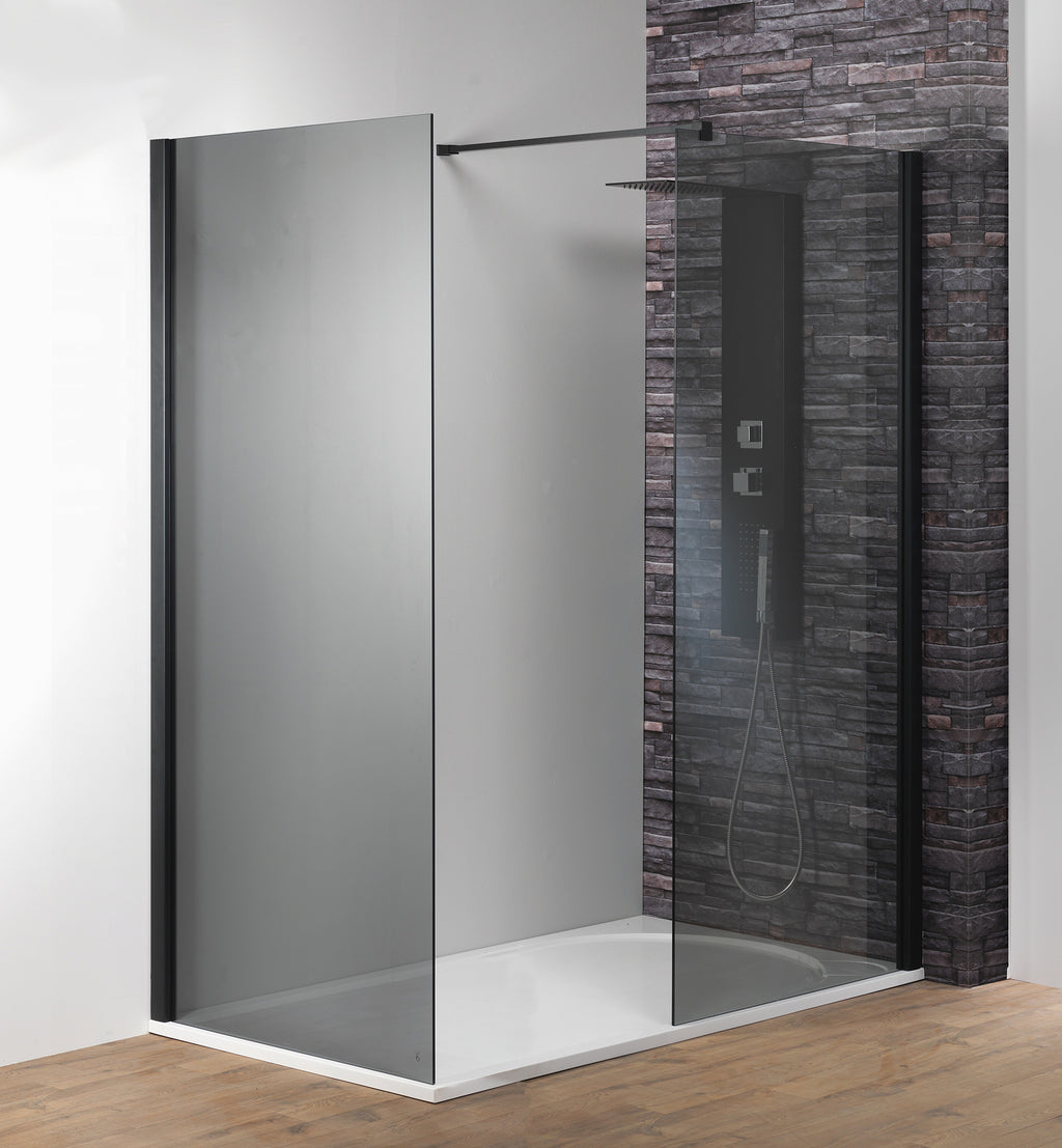 Genesis 8mm Showerwall - Matt Black - Smoked Glass