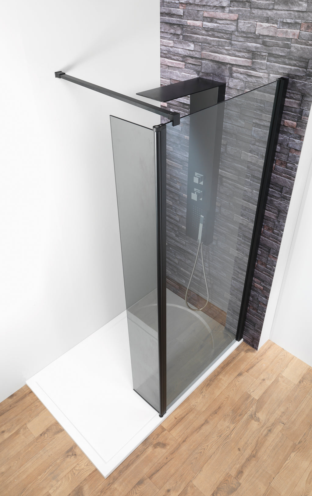 Genesis 8mm Showerwall - Matt Black - Smoked Glass