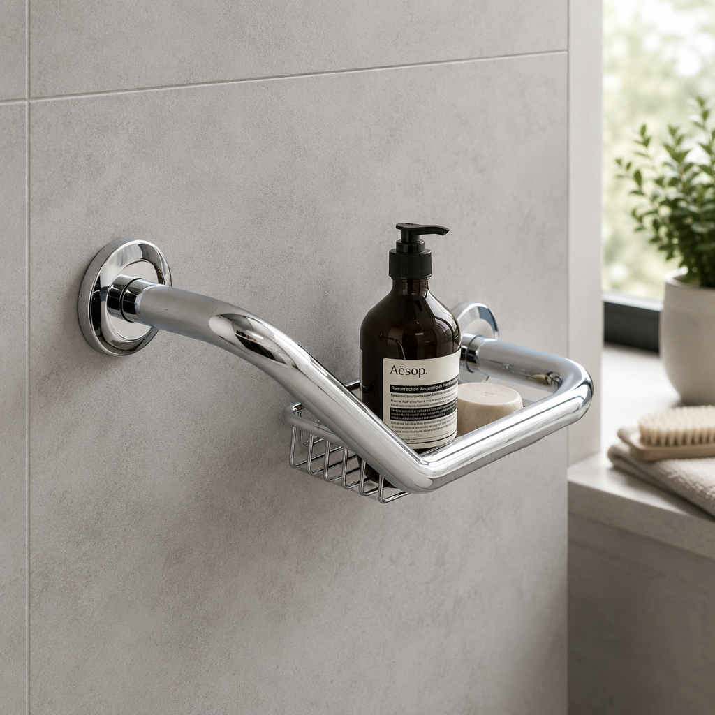 Comfort L-Shaped Grab Rail with Soap Basket - Polished Chrome