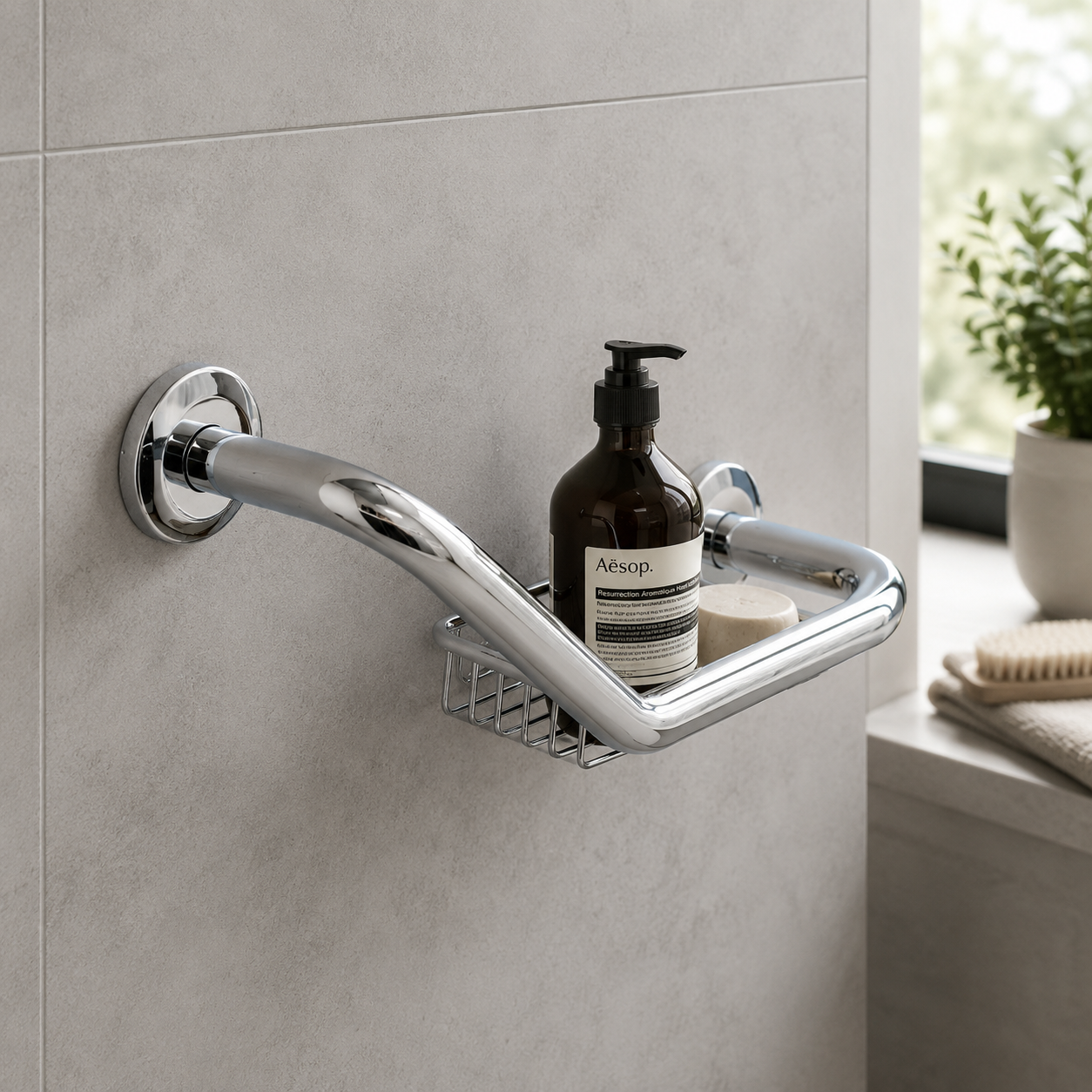 Comfort L-Shaped Grab Rail with Soap Basket - Polished Chrome