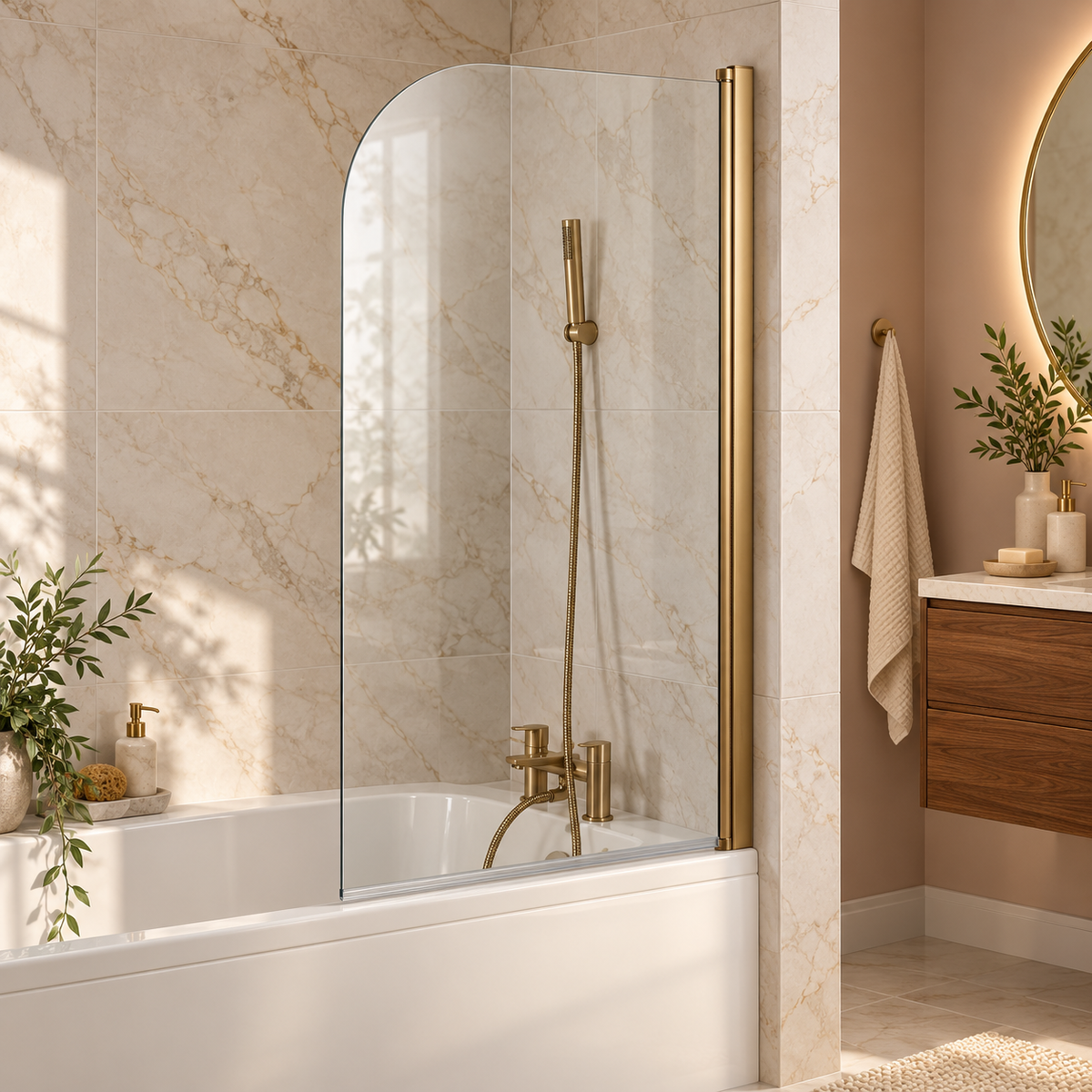 Genesis 6mm Brushed Brass Frame Curved Bath Screen