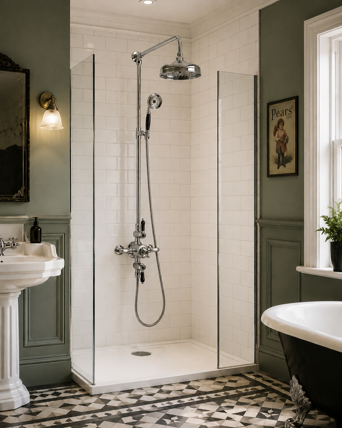 Nostalgic Thermostatic Shower Valve & Rigid Riser Kit with Black Handles