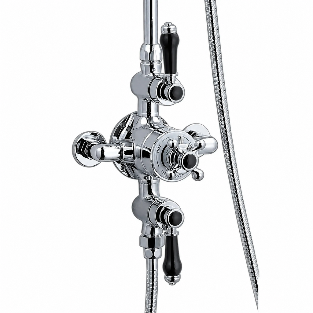 Nostalgic Thermostatic Shower Valve & Rigid Riser Kit with Black Handles