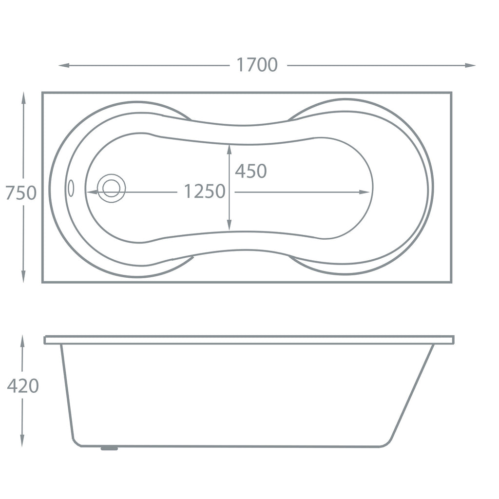 Alabama 1700 x 750mm Single Ended Whirlpool Bath - Option 3