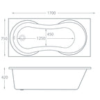 Alabama 1700 x 750mm Single Ended Whirlpool Bath - Option 3