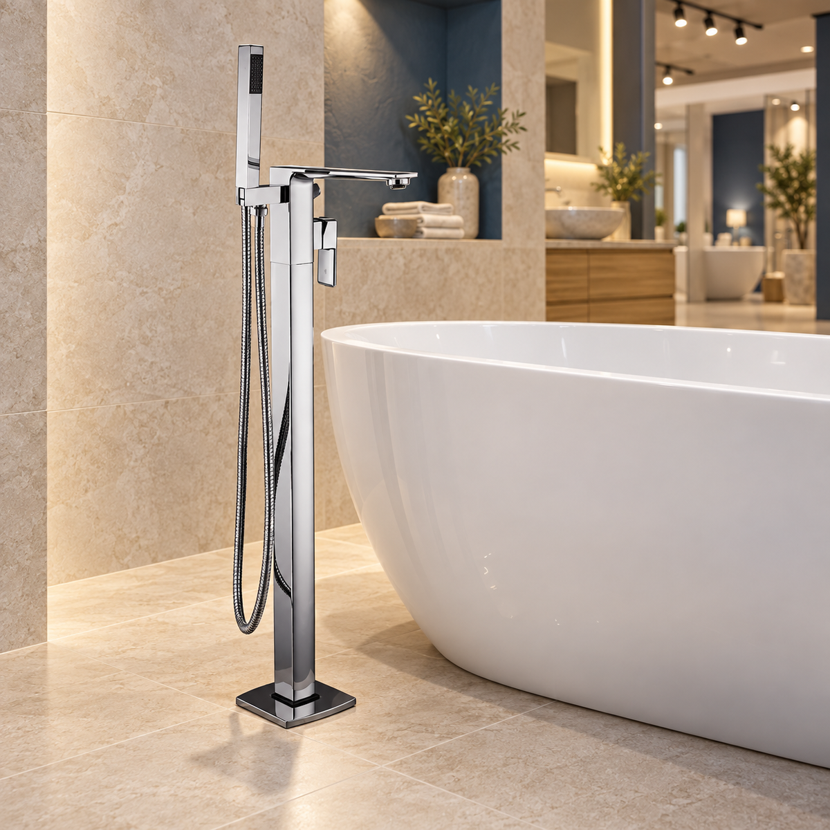 Nigela chrome floorstanding bath shower mixer with rectangular handset and hose beside a white freestanding bath in a showroom.