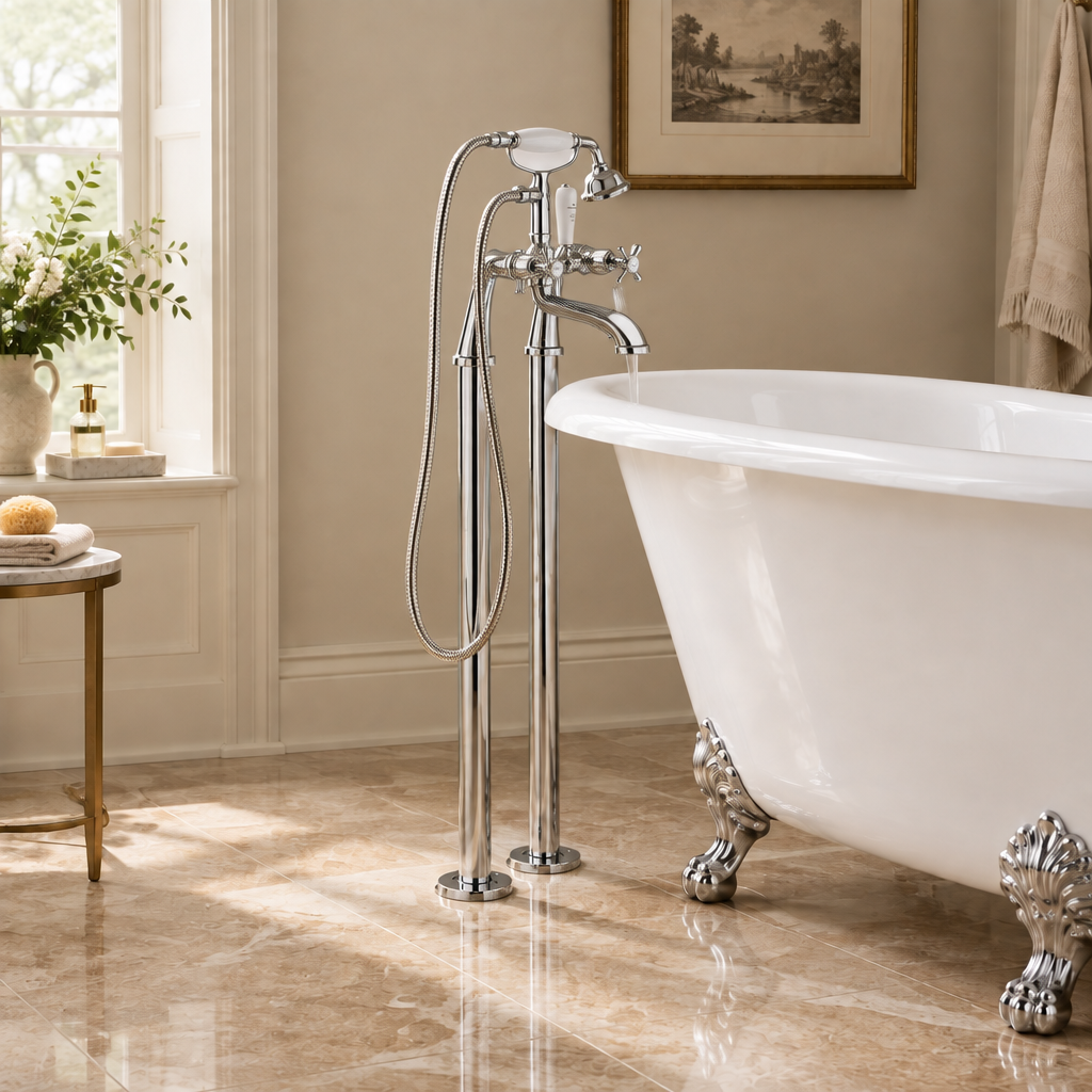 Edwardian Chrome Floorstanding Bath Shower Mixer Kit with Tap Legs