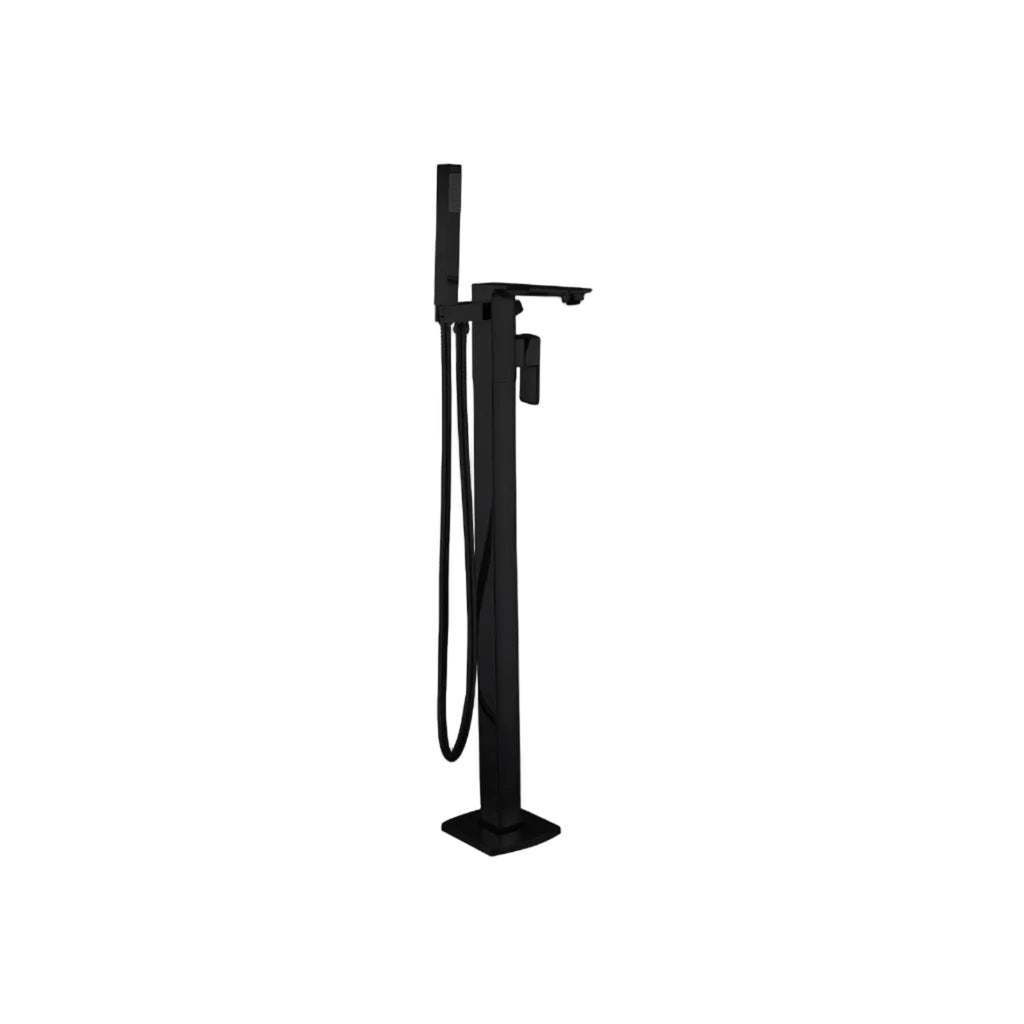 A matte black freestanding bathtub faucet with an integrated shower head and handheld shower hose, shown against a white square background with a black border.