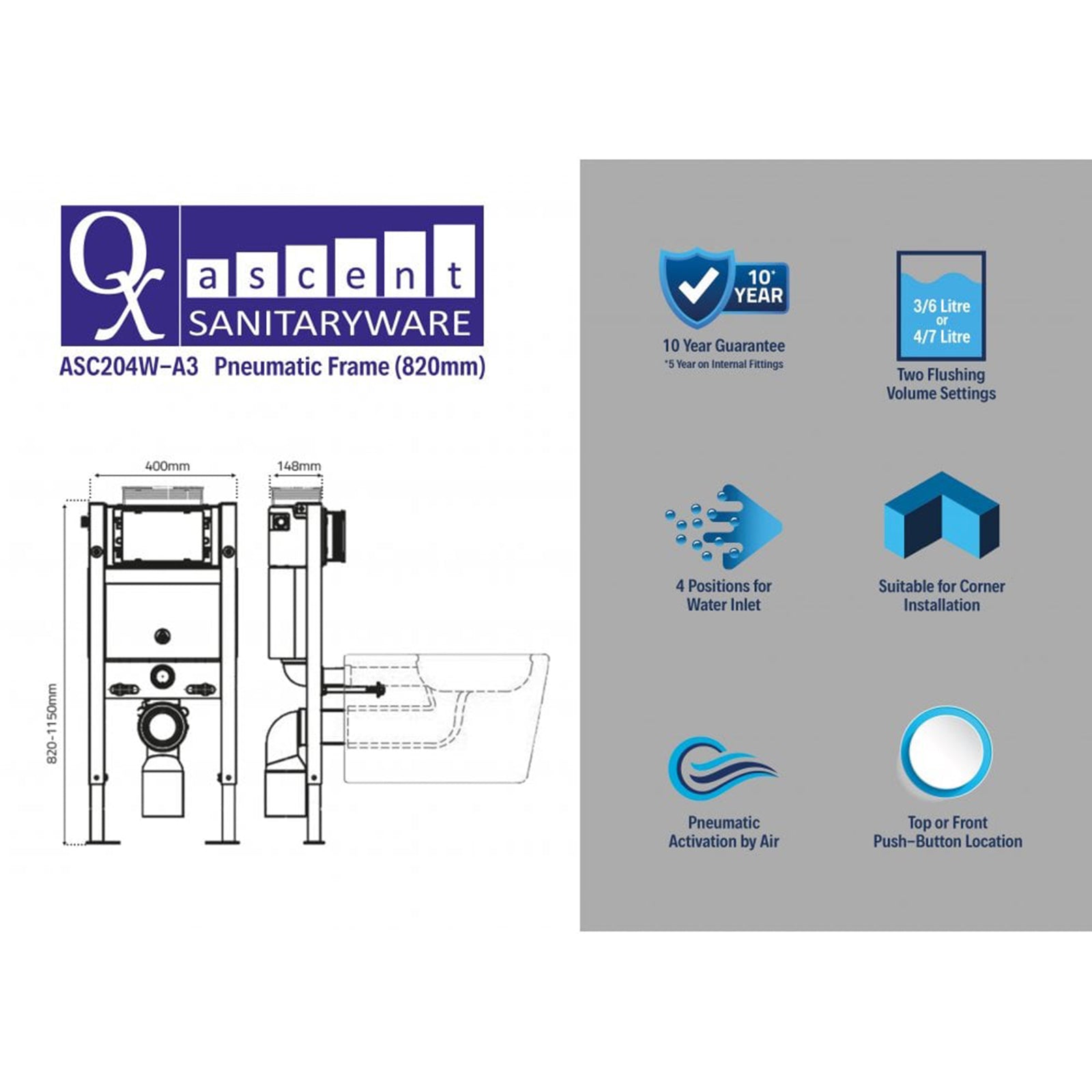 Ascent Pneumatic 820mm Frame - Dual Flush