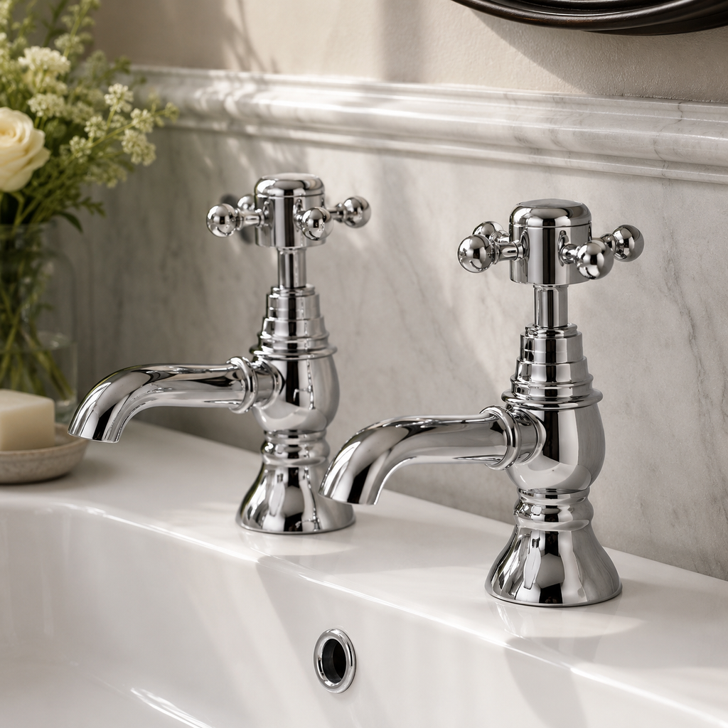 Ascent Nostalgic Chrome Basin Taps (Pair) – 2 Tap Hole Traditional Bathroom Taps