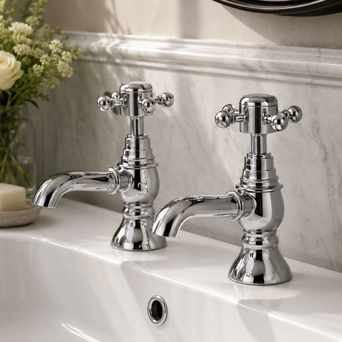 Ascent Nostalgic Chrome Basin Taps (Pair) – 2 Tap Hole Traditional Bathroom Taps