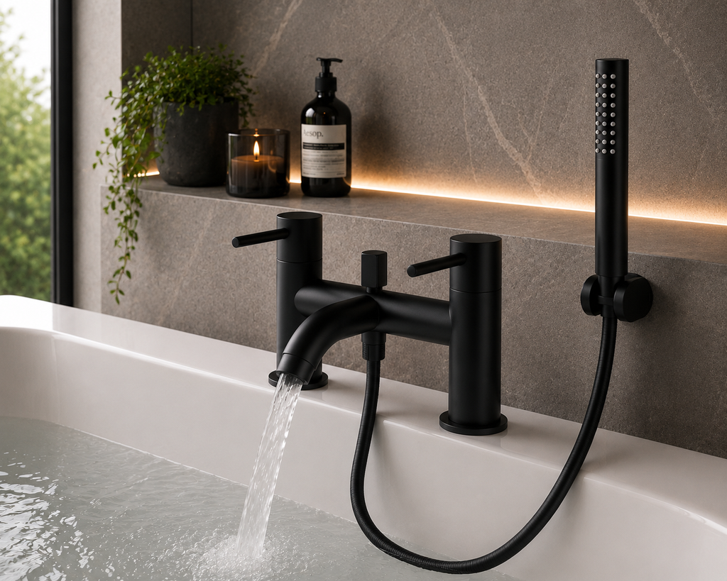 Ascent Tuscany Matt Black Bath Shower Mixer Tap with Shower Handset – Deck Mounted