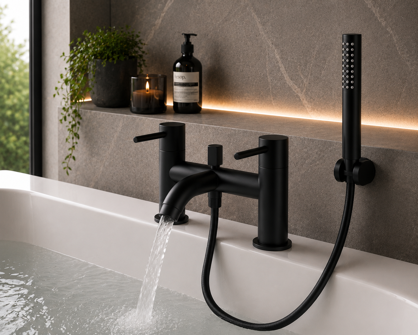 Ascent Tuscany Matt Black Bath Shower Mixer Tap with Shower Handset – Deck Mounted