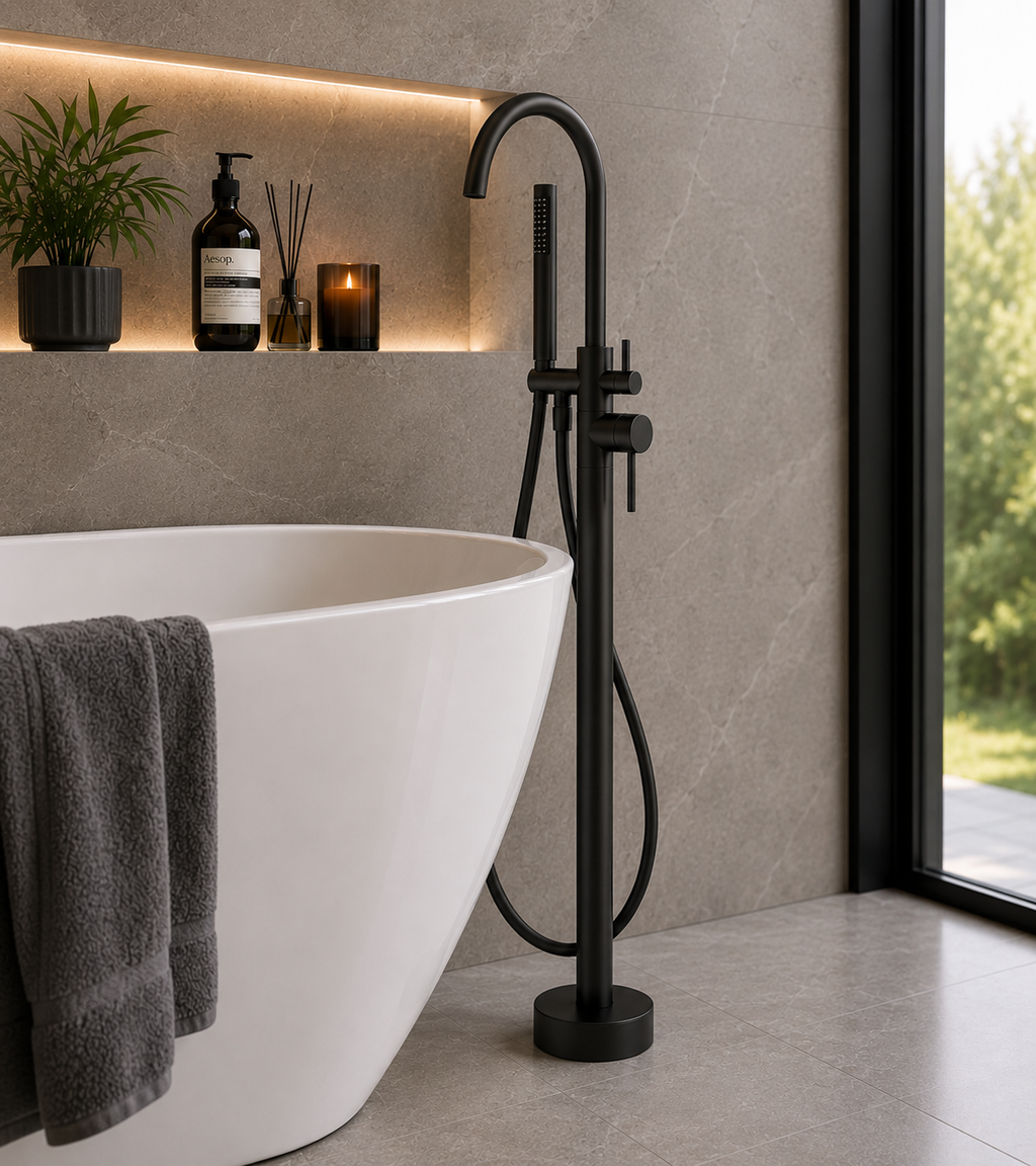 Ascent Tuscany Matt Black Floor Standing Bath Shower Mixer Tap with Shower Handset