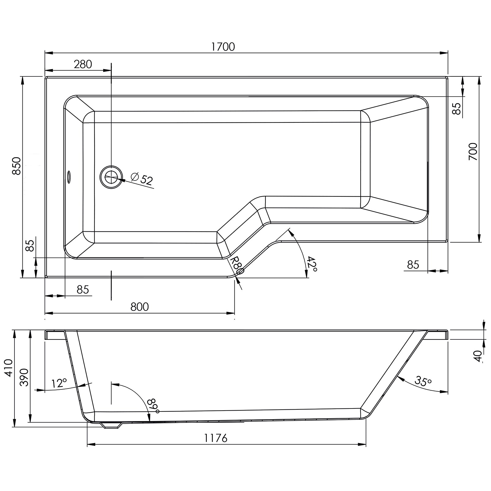 Aswan 1700 x 700mm Shower Bath, Screen & Panels - RH