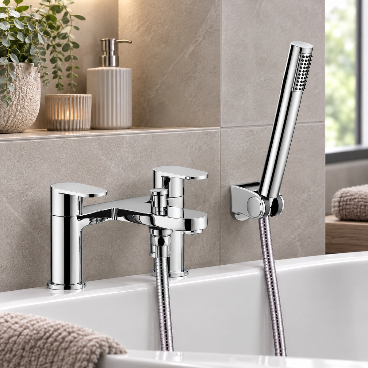 Bayham Deck Mounted Bath Shower Mixer Tap with Shower Kit – Chrome