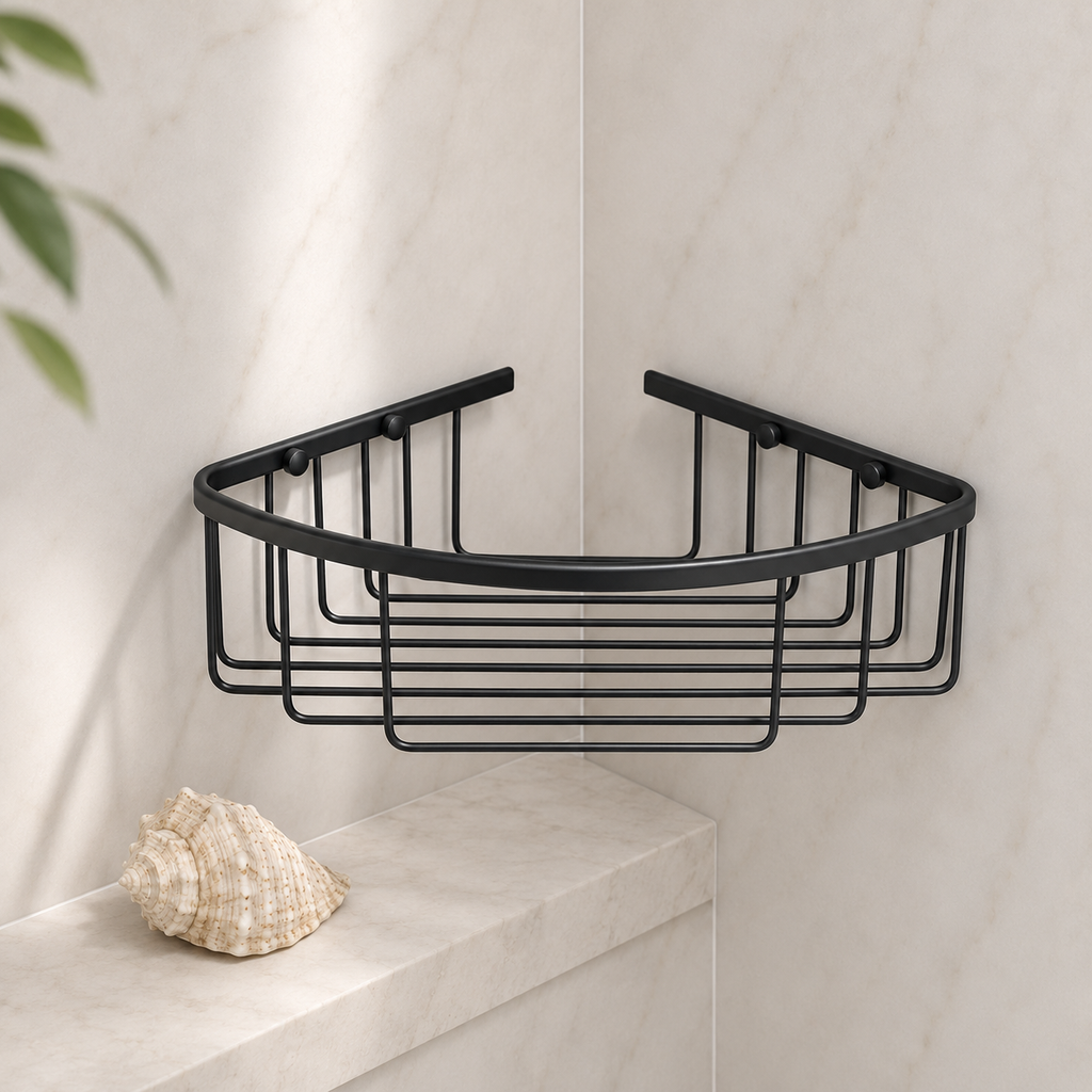 Bedgebury Deep Corner Shower Basket | Brass Wall Mounted Bathroom Storage | 26.5cm
