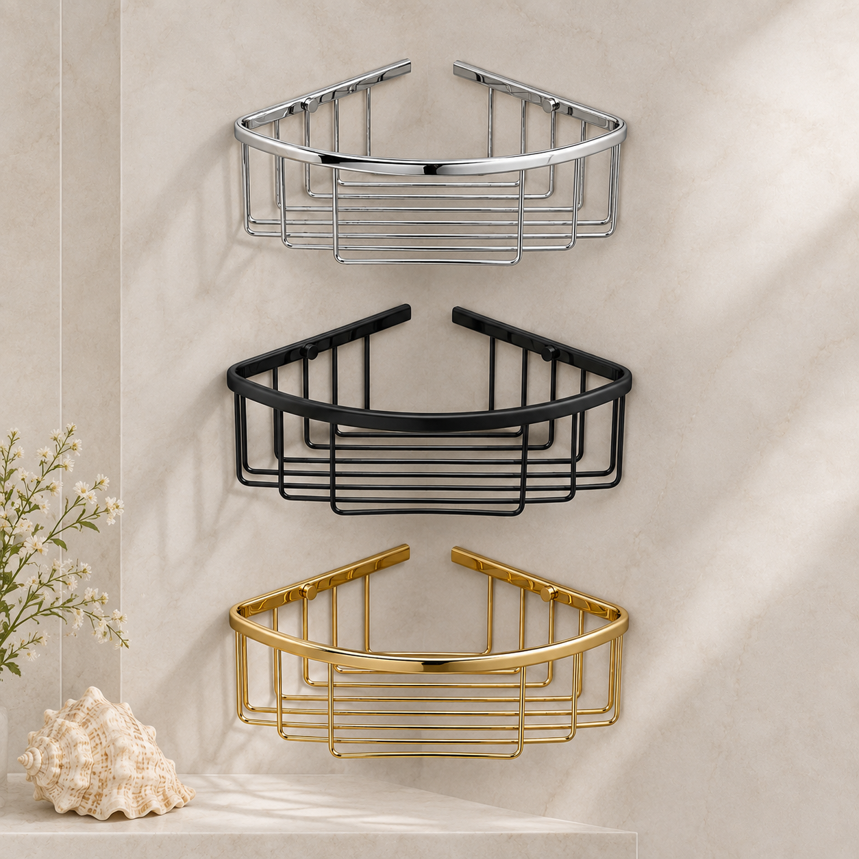 Bedgebury Deep Corner Shower Basket | Brass Wall Mounted Bathroom Storage | 26.5cm