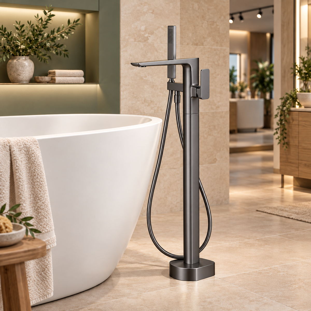 Bedgebury gunmetal freestanding bath shower mixer with rectangular handset and hose beside a white bath in a showroom.