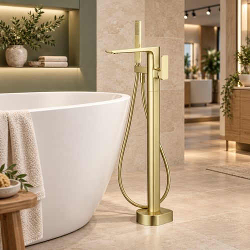 Bedgebury matt brushed brass freestanding bath shower mixer with rectangular handset and hose beside a white bath in a showroom.