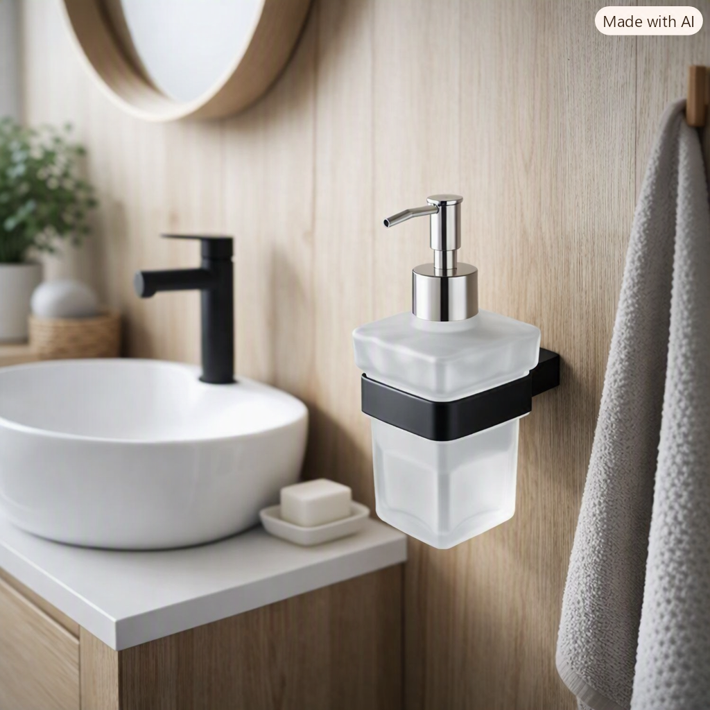 Bedgebury Matt Black Wall Mounted Soap Dispenser | Frosted Glass & Brass Bathroom Accessory