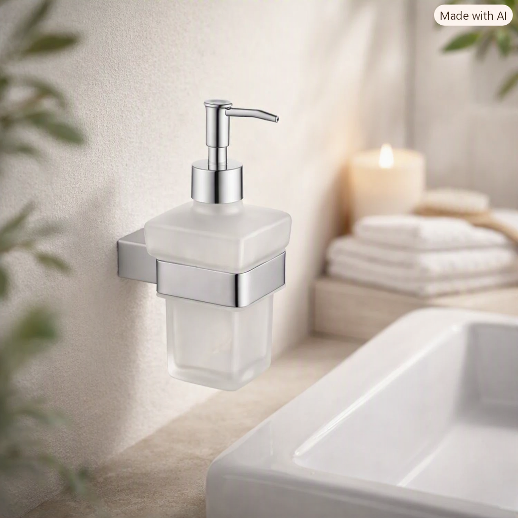 Bedgebury Chrome Wall Mounted Soap Dispenser | Frosted Glass & Brass Bathroom Accessory