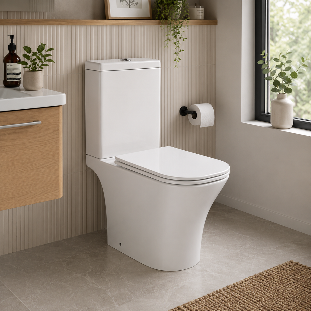 Bedgebury Square Rimless Tornado Flush Open Back Close Coupled WC with Cistern & Soft Close Seat