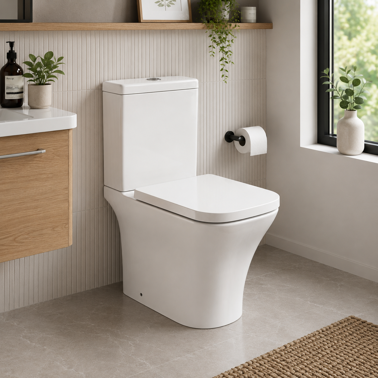 Bedgebury Square Rimless Tornado Flush Open Back Close Coupled WC with Cistern & Soft Close Seat